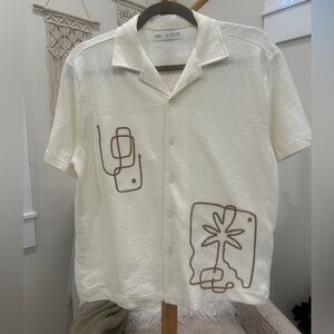 Zara Cream Cotton Abstract Embroidered Camp Shirt Women’s S/M, Kids 10-12